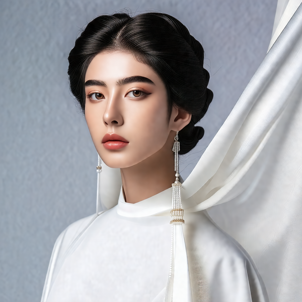 Beautiful young woman with long hair, wearing a white dress