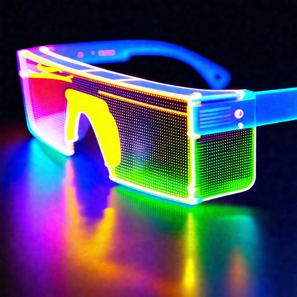 Pair of neon-colored sunglasses with a rainbow-colored lens