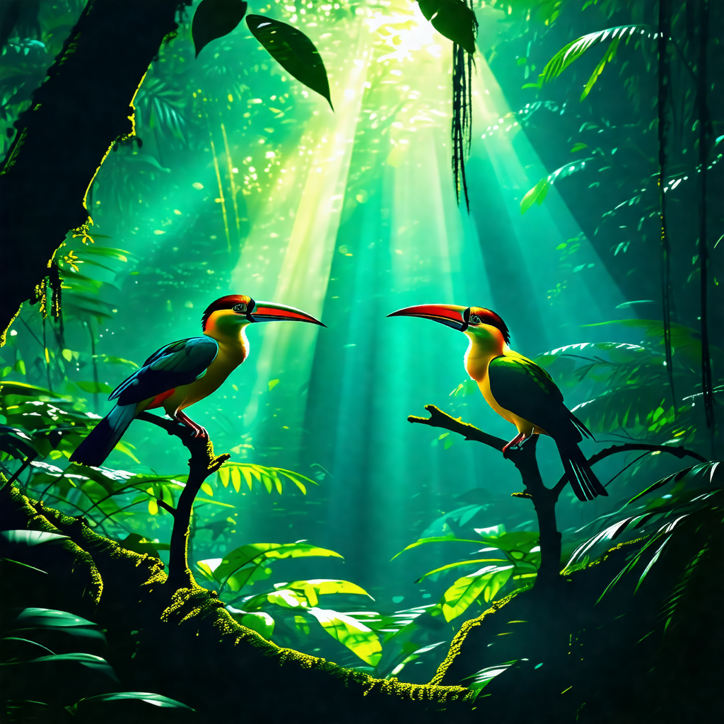 Two colorful birds perched on tree branches in a lush gre...