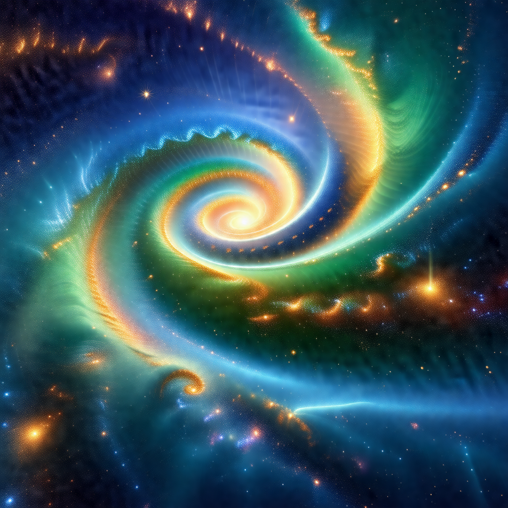 Colorful and vibrant space scene featuring a spiral galaxy