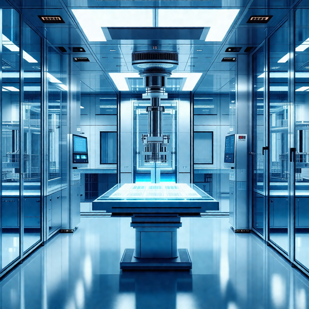 Large, blue room with a large, blue machine in the center