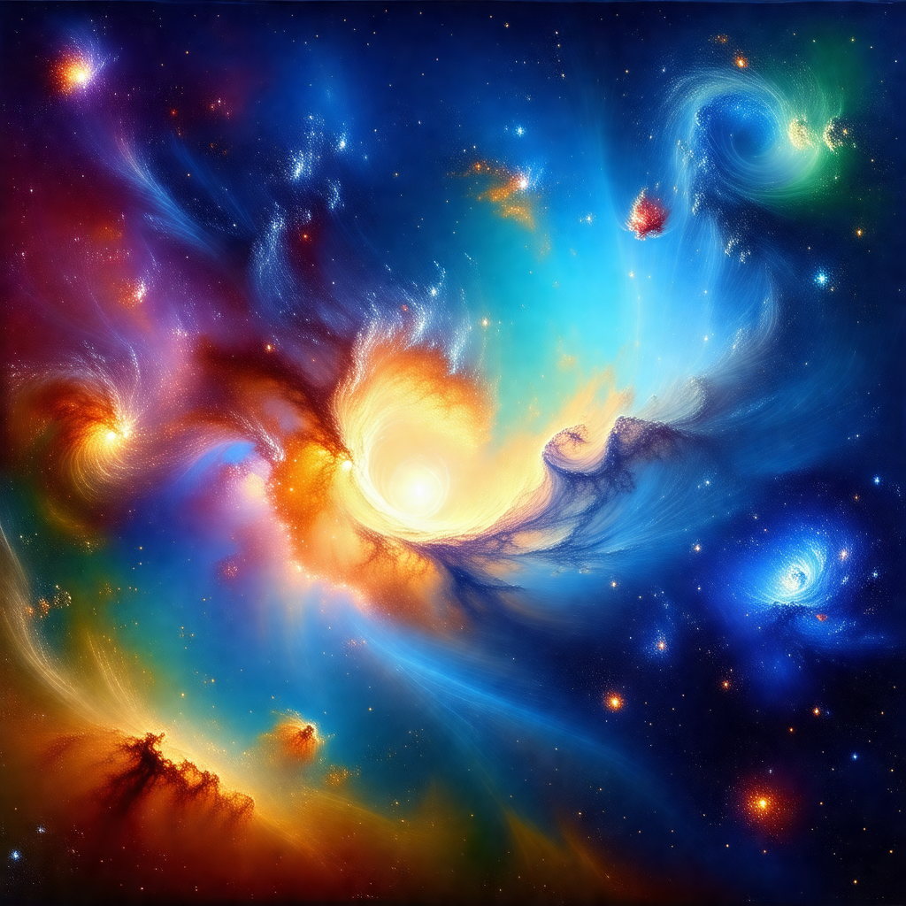 Vibrant and colorful painting of a galaxy, featuring a va...