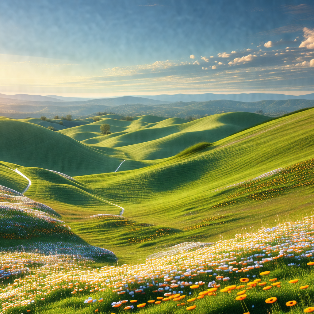 Beautiful, lush green hillside with a winding road runnin...
