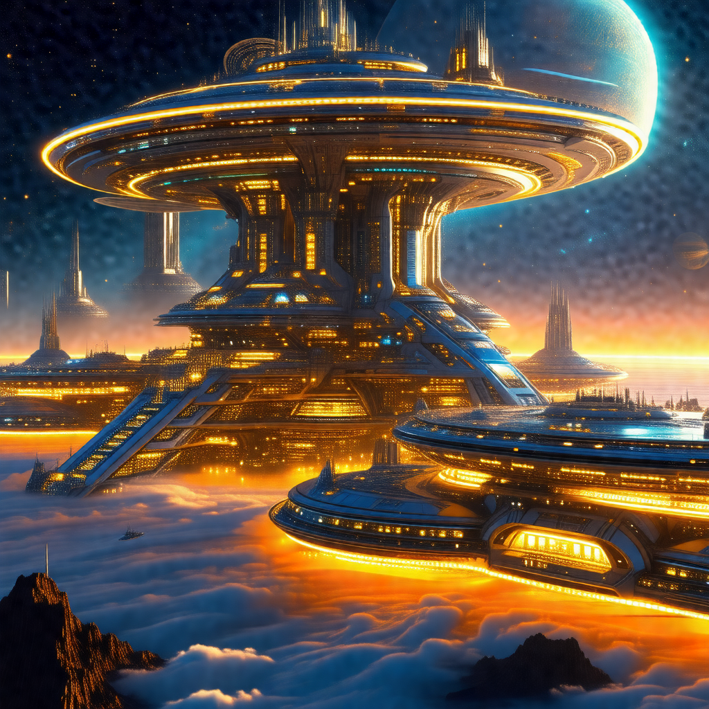 Futuristic city with a large, round building in the center