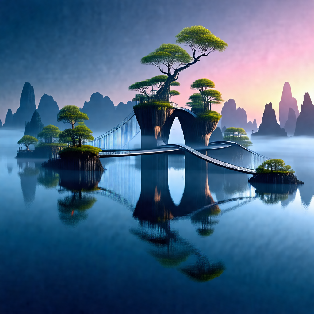 Beautiful scene of a bridge crossing a river, surrounded ...