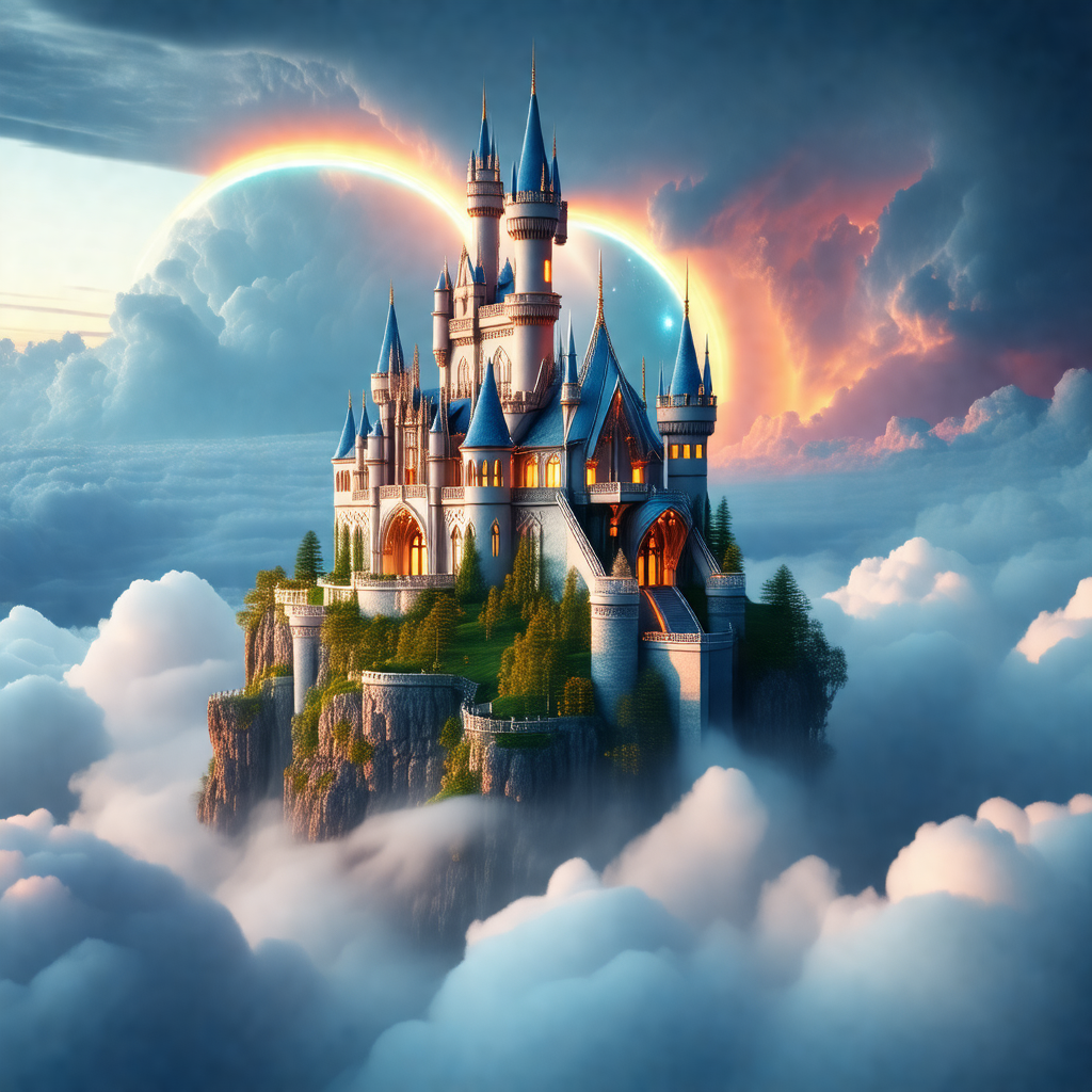 Beautifully drawn castle floating in the clouds