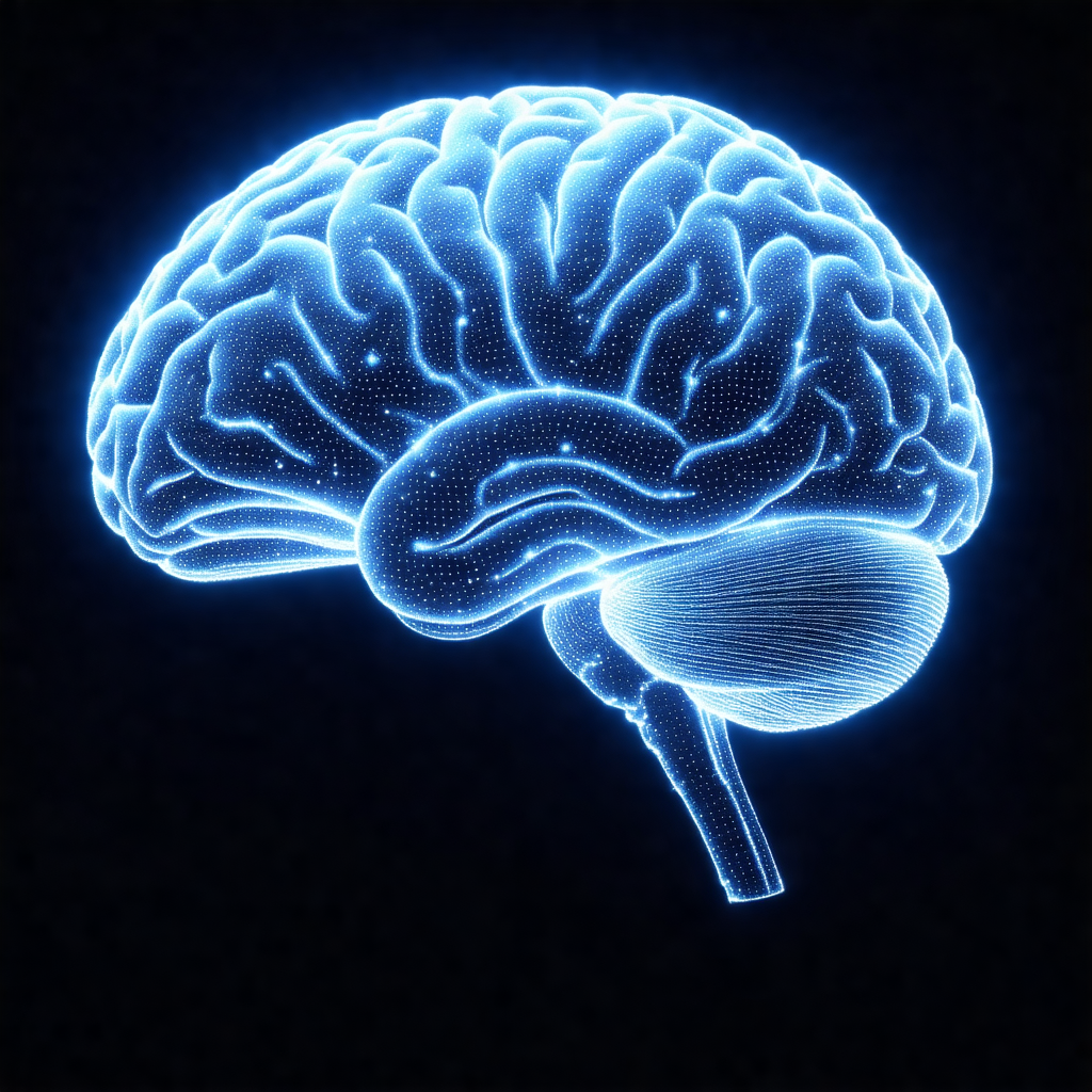 Close-up of a human brain, with a blue glow illuminating ...
