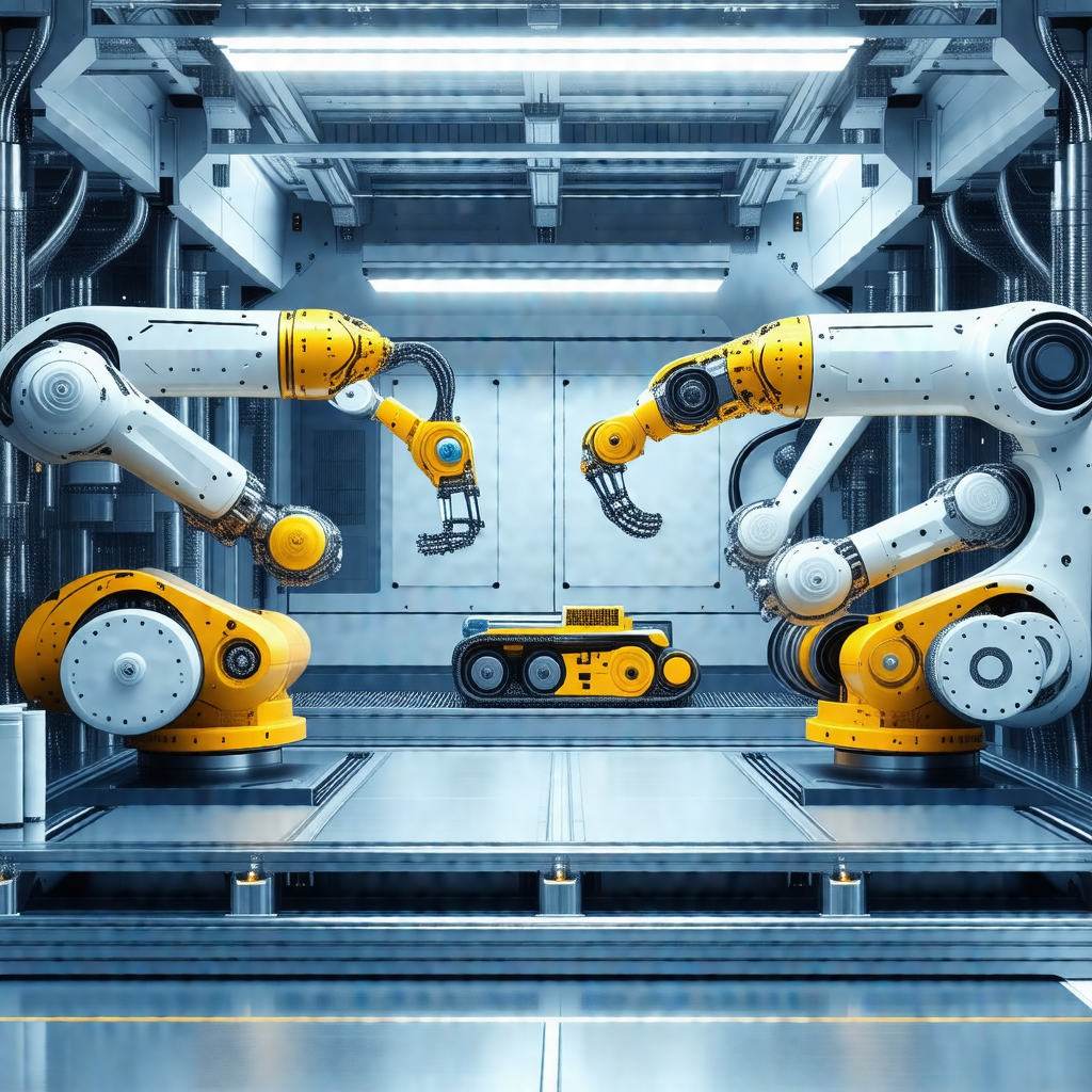 Factory setting with a large number of yellow robots line...