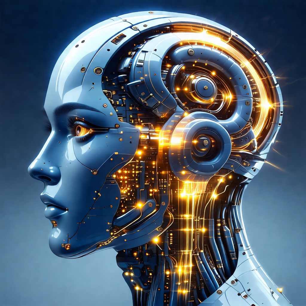 Futuristic robotic head with a blue and yellow color scheme