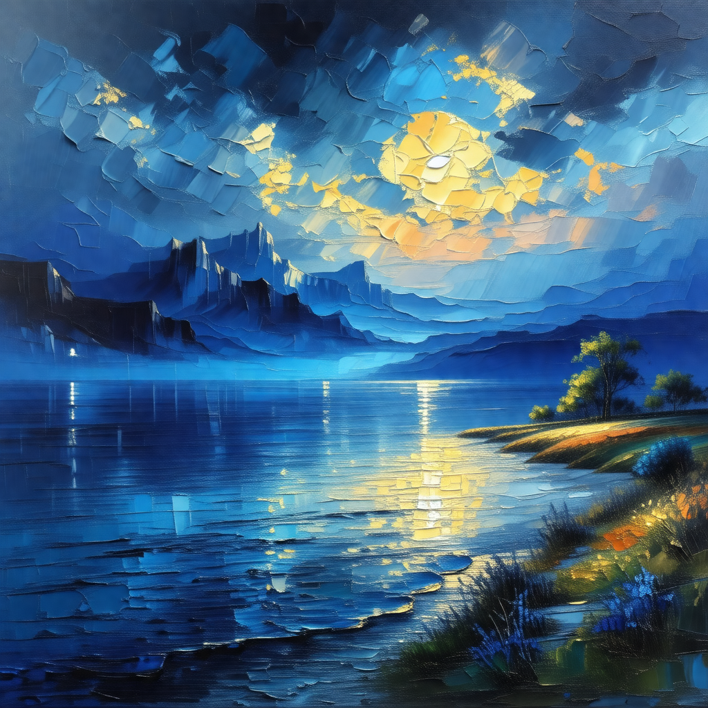Painting of a beautiful landscape featuring a large body ...