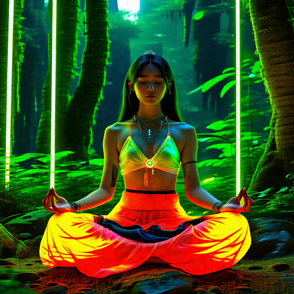 Woman sitting in a forest, surrounded by trees