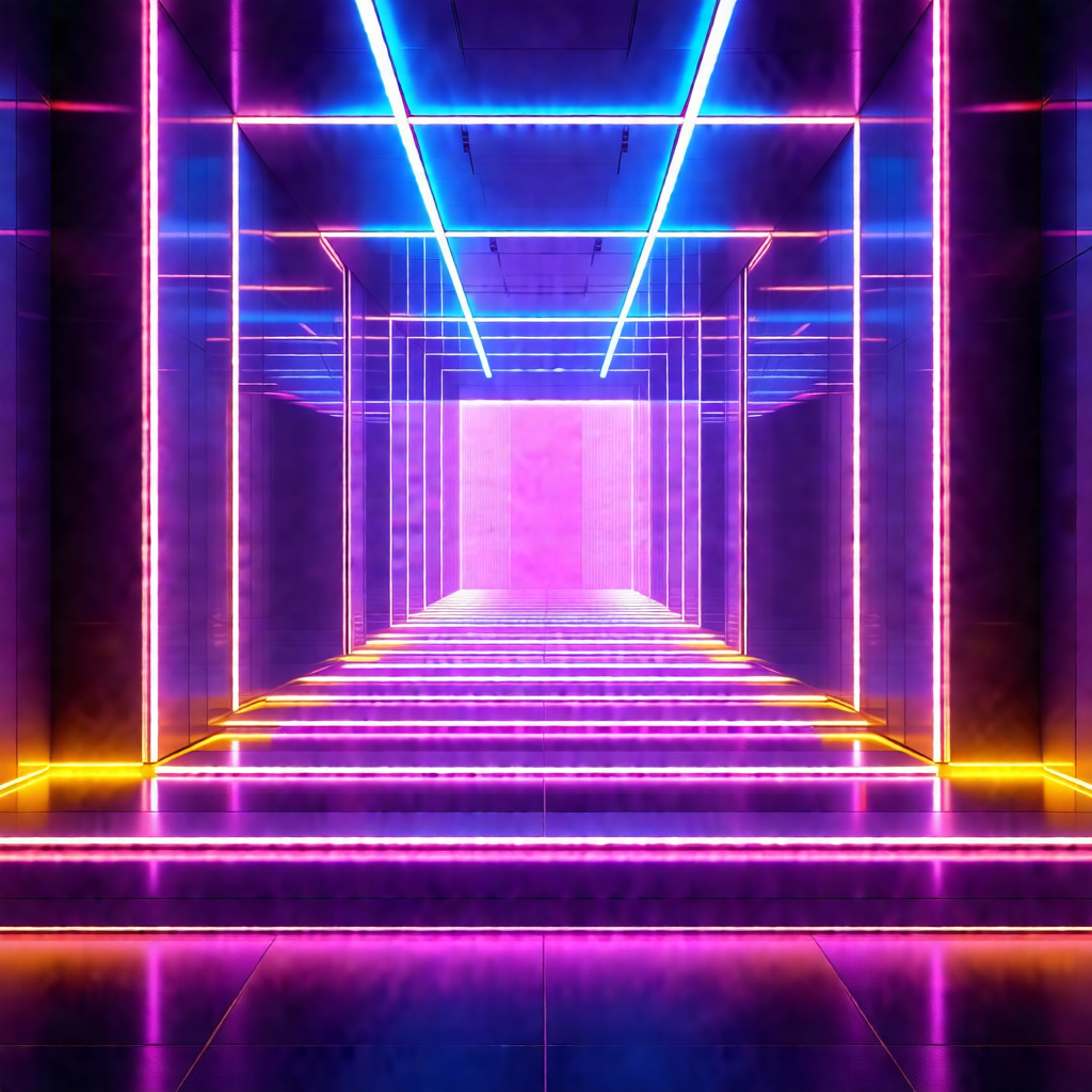 Long, narrow hallway with a purple and yellow lighting ef...