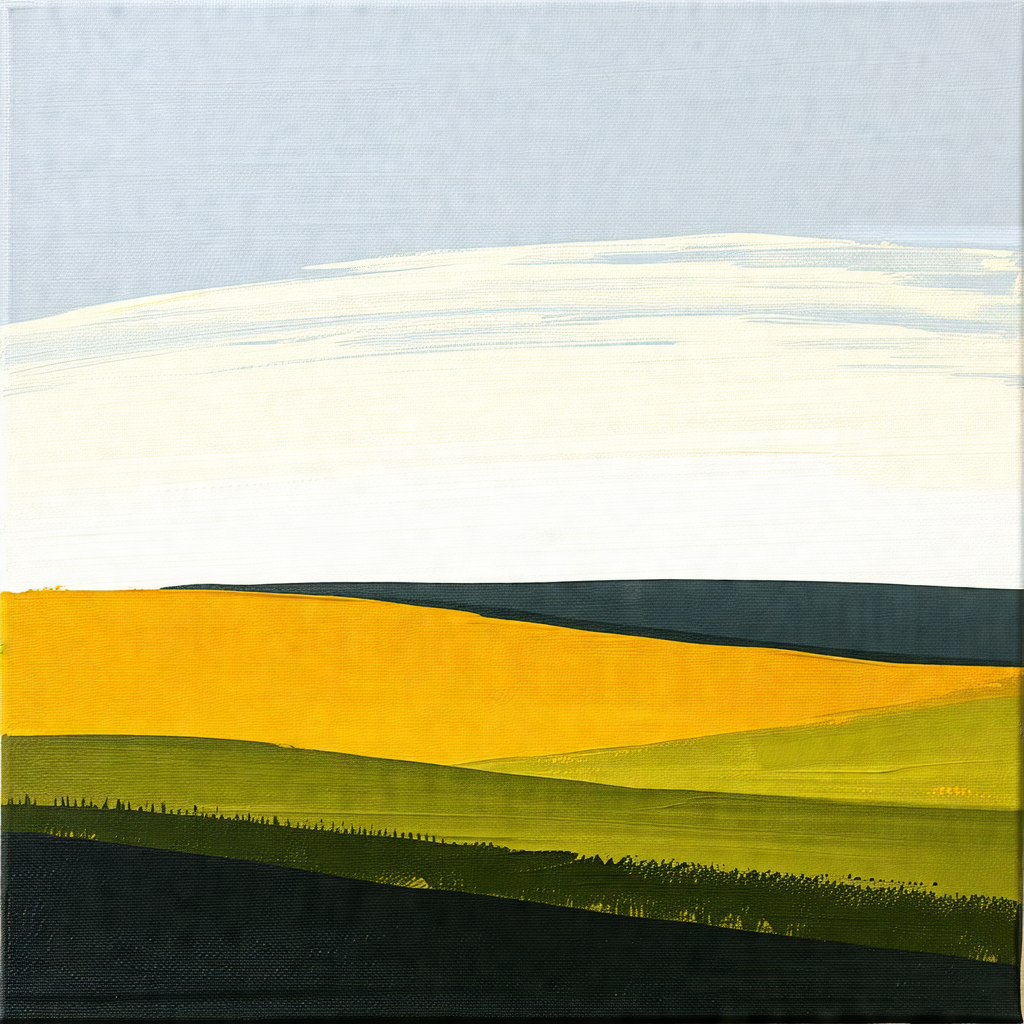 Painting of a large, open field with a sky background