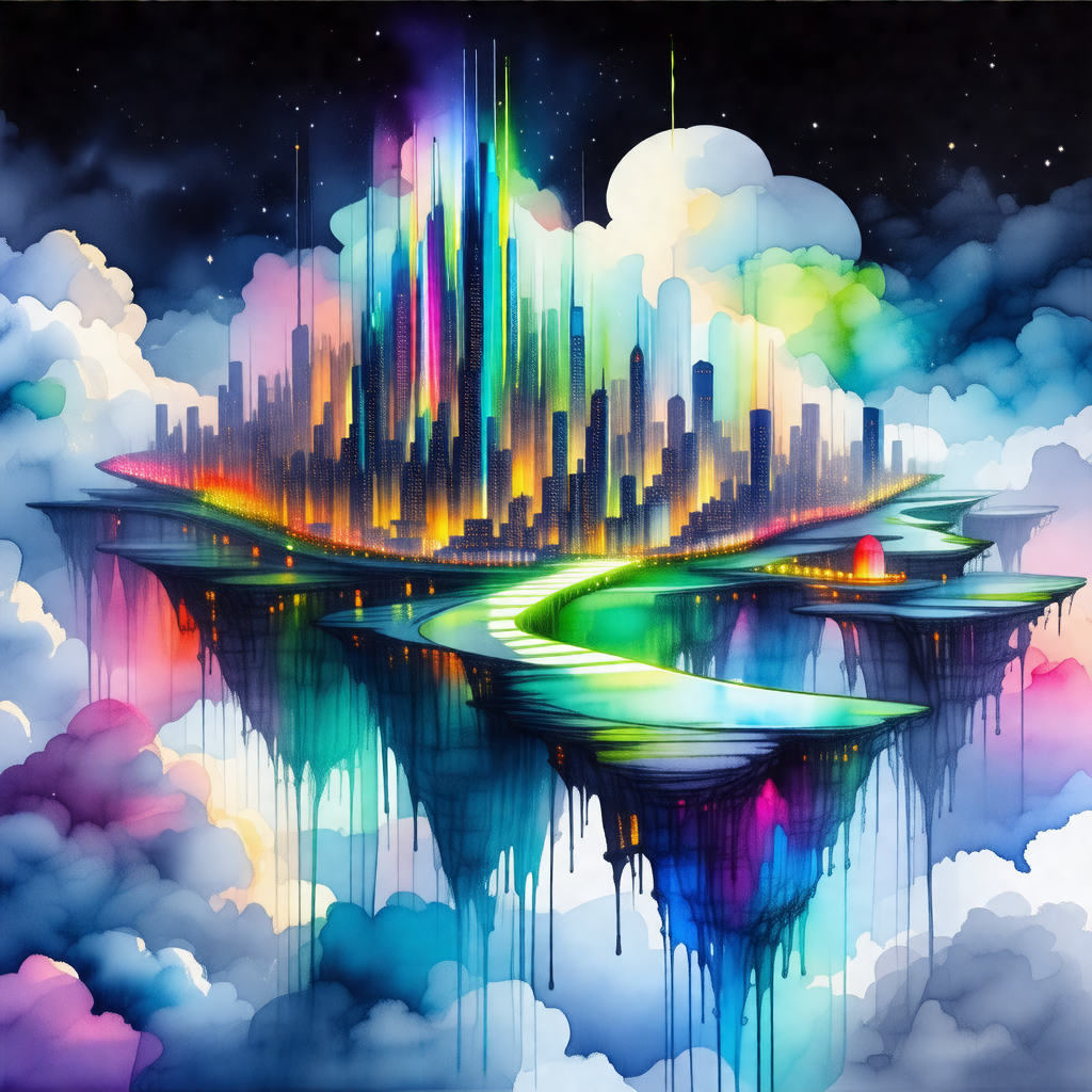 Colorful painting of a cityscape, featuring a large build...