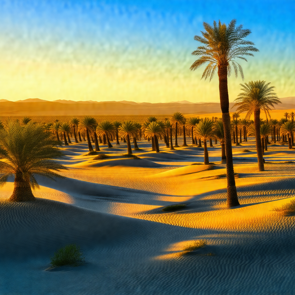 Sandy desert landscape with a few palm trees scattered th...