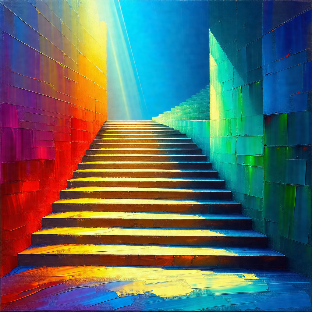 Staircase with a rainbow-colored light shining on it