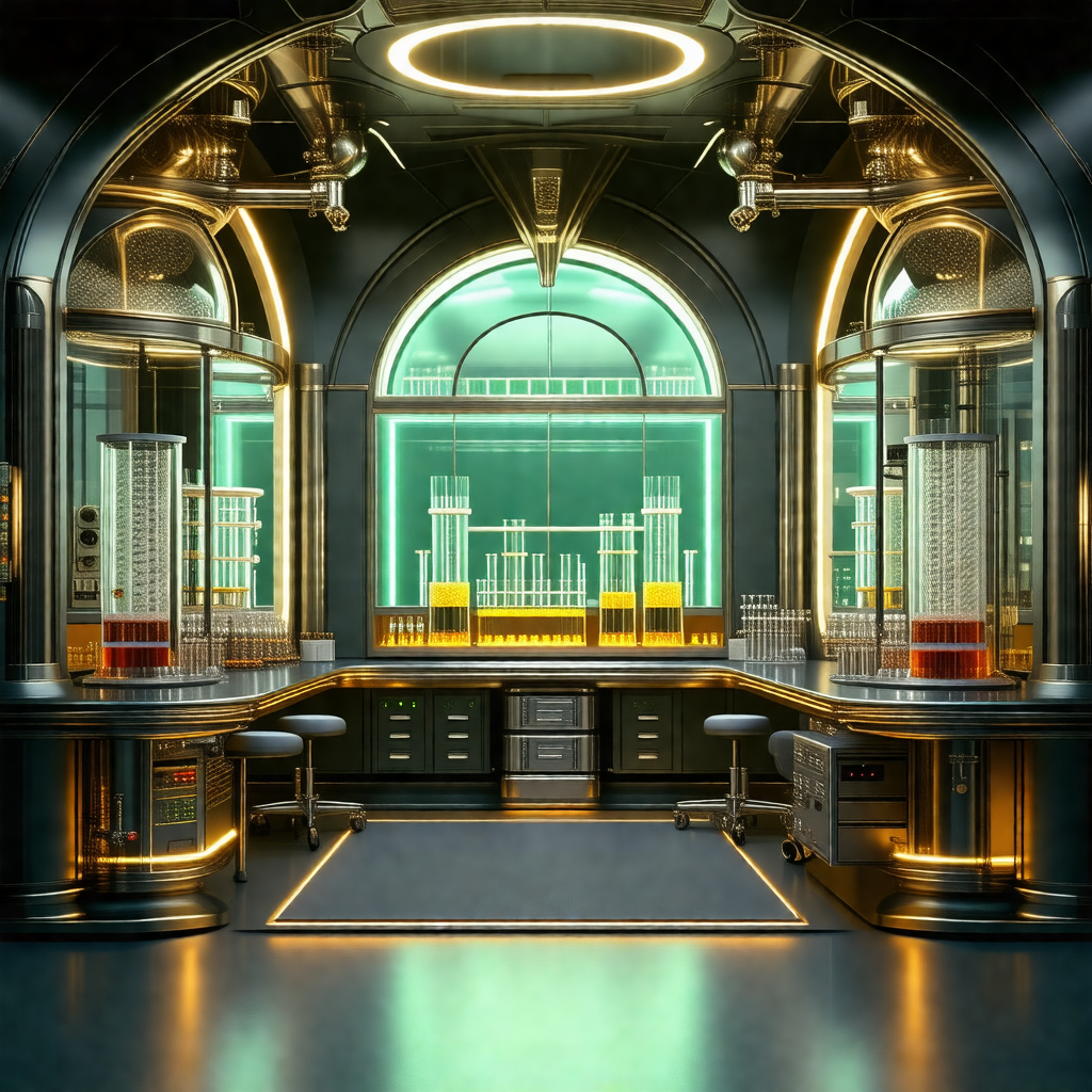 Large, well-lit laboratory filled with various scientific...