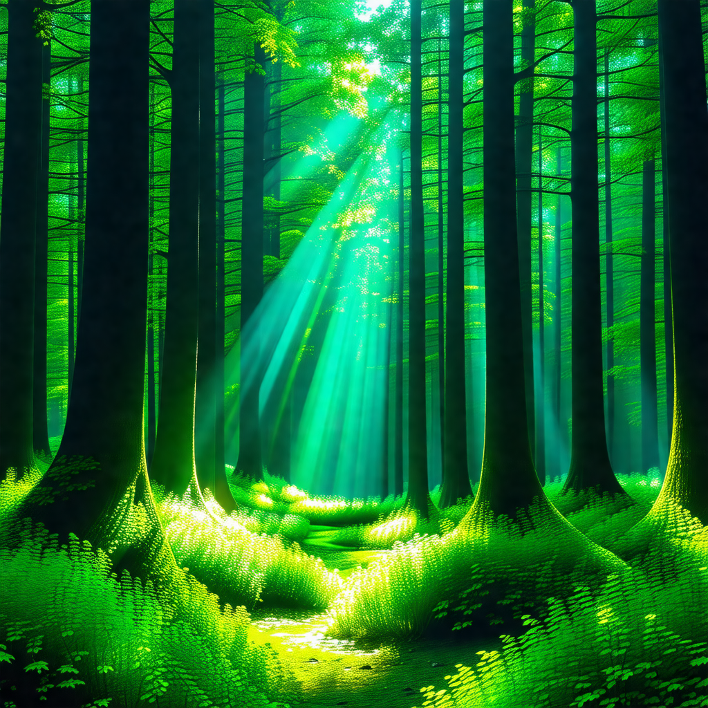 Lush green forest filled with tall trees and a pathway ru...