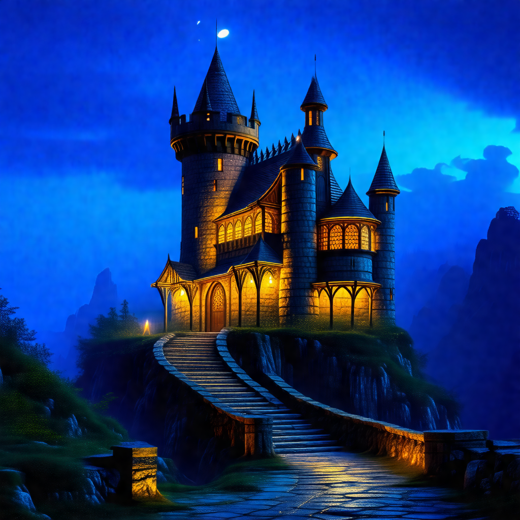 Large, old castle with a tall tower and a pointed roof