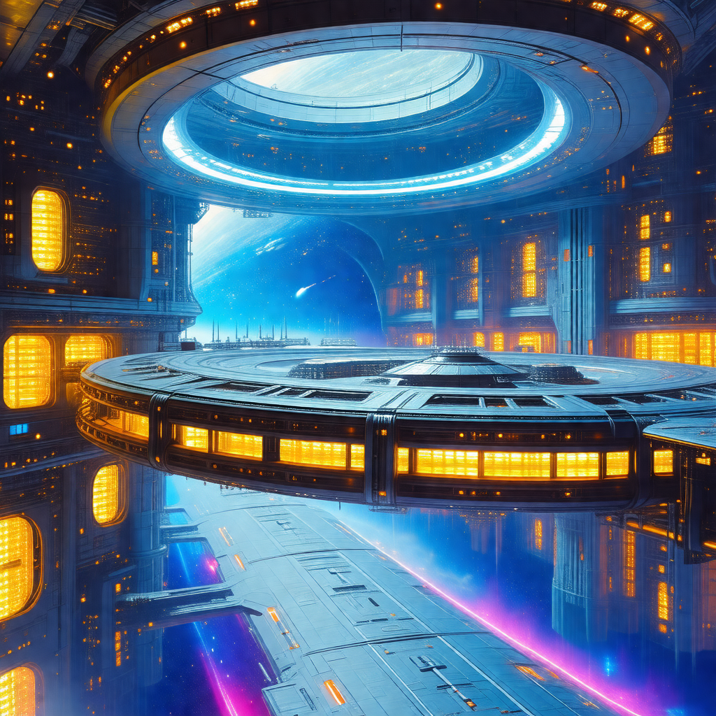 Futuristic scene featuring a large, circular spacecraft w...