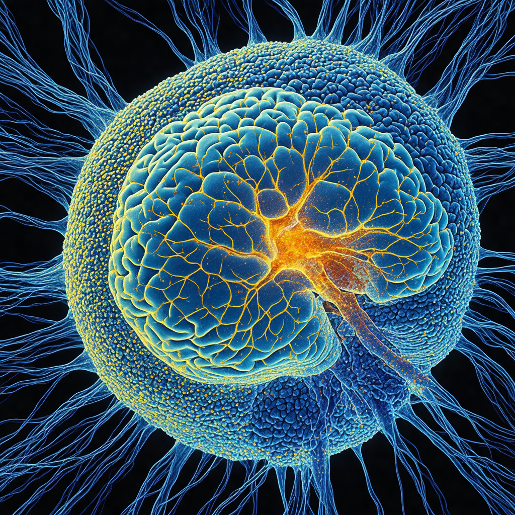 Close-up of a blue and yellow brain, with a yellow center