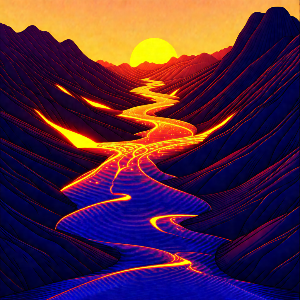 Beautifully drawn illustration of a river flowing through...