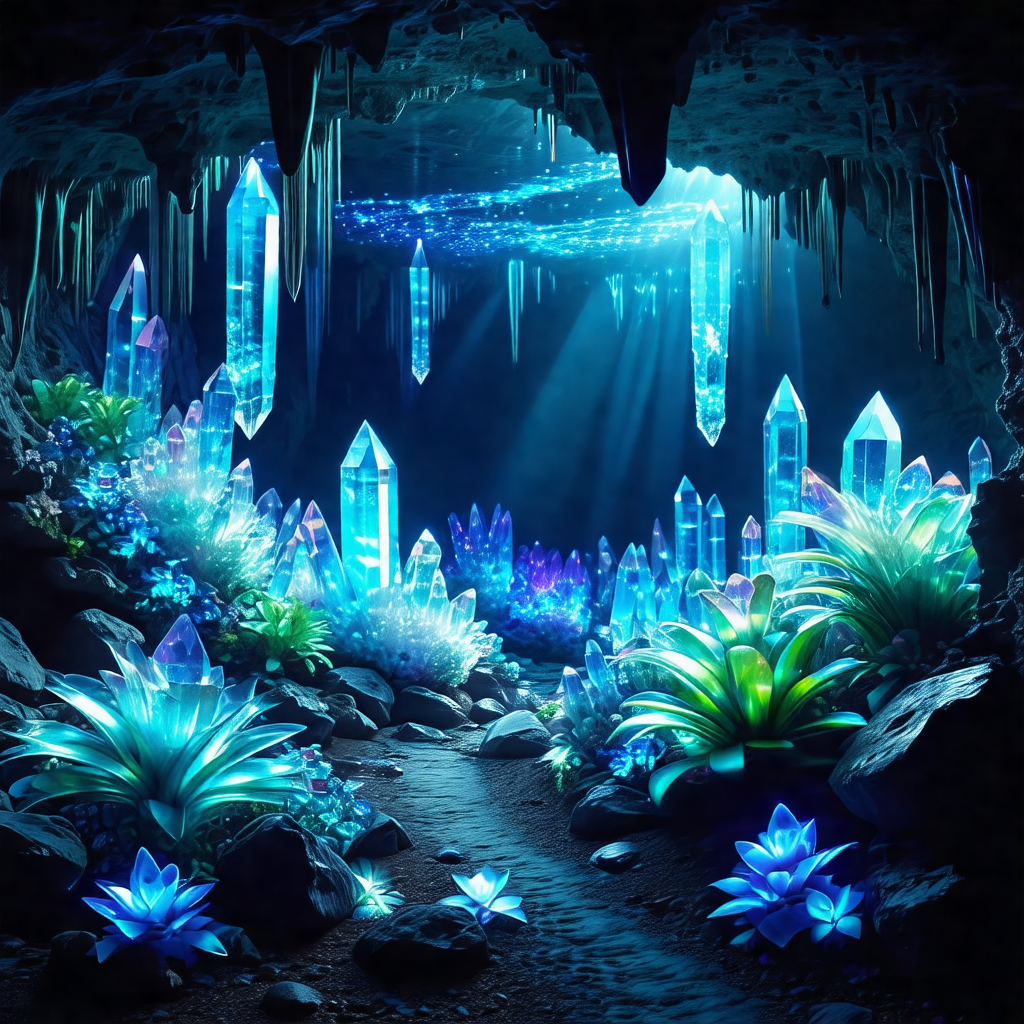 Cave with a blue light illuminating the space