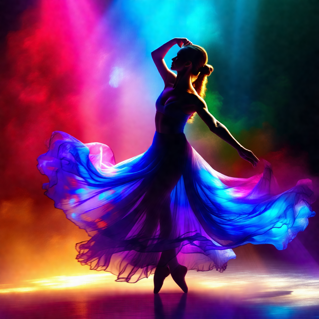 Woman in a blue dress, dancing on a stage