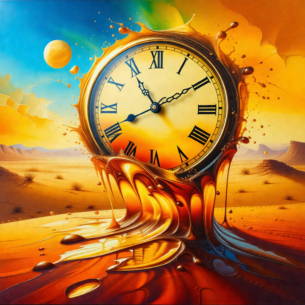 Large, colorful clock that is surrounded by a pool of yel...
