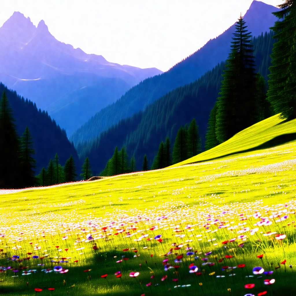 Lush green field with a mountain range in the background