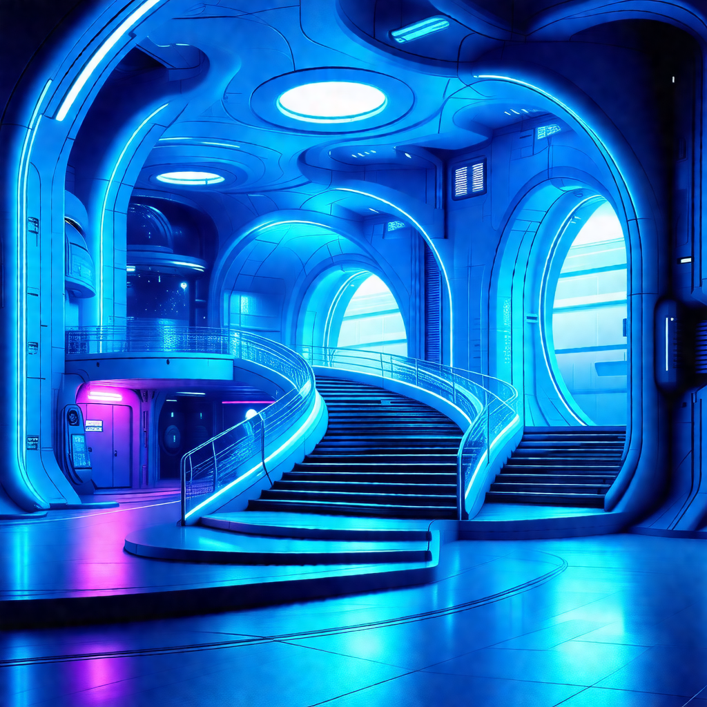 Blue and purple colored painting of a futuristic city