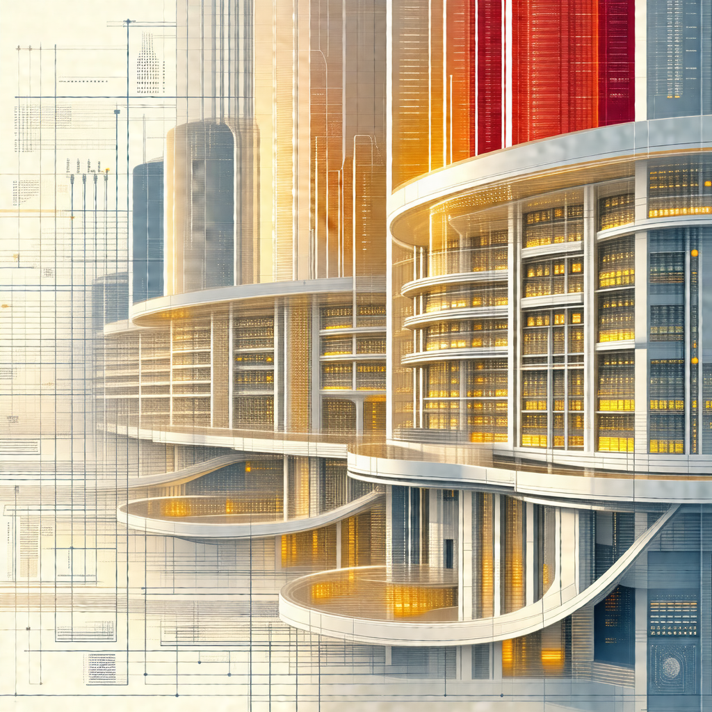 Drawing of a large building with a curved design