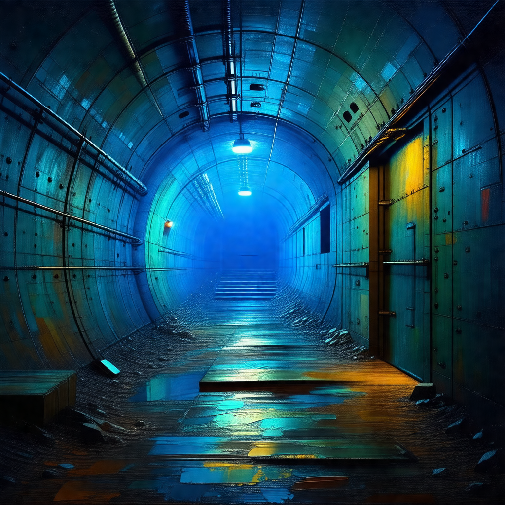 Long, narrow tunnel with a blue light illuminating the space