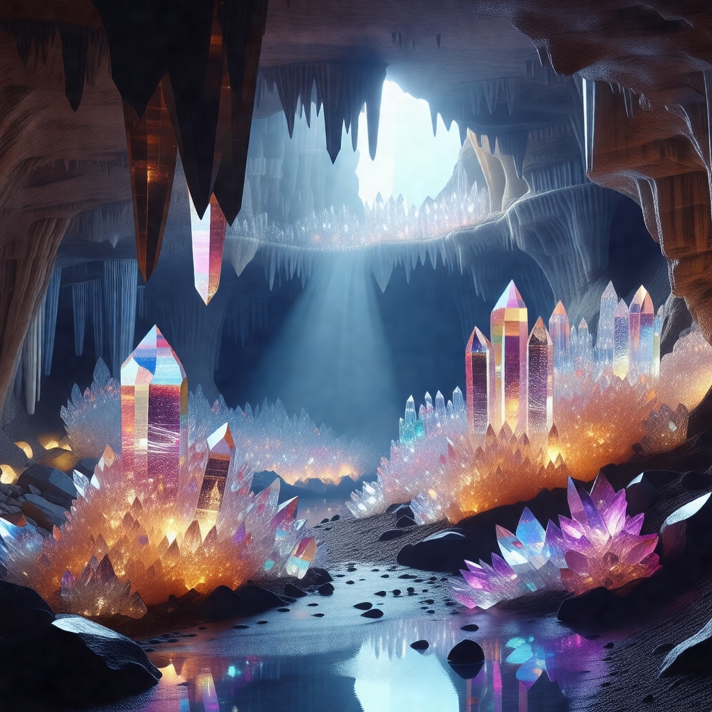 Colorful, computer-generated (cgi) scene of a cave with a...