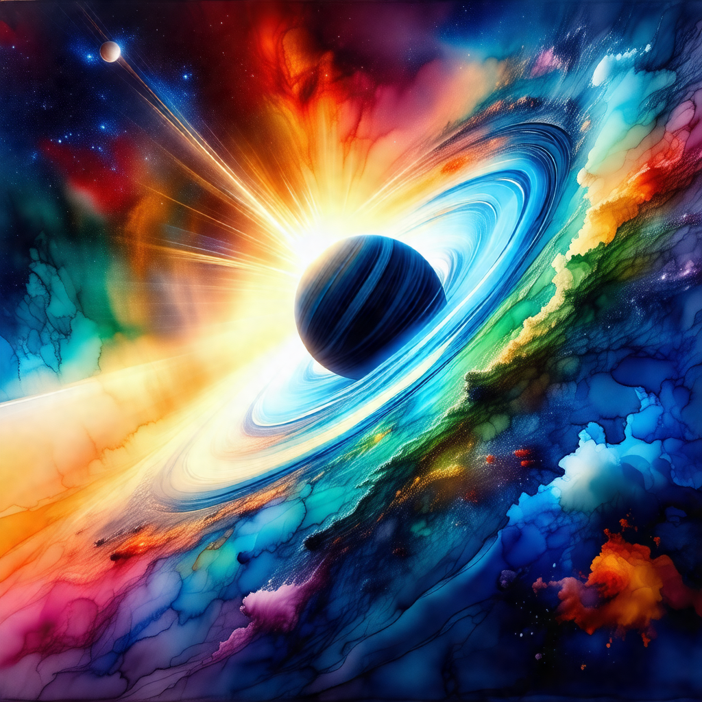 Colorful painting of a planet with a large, colorful ring...