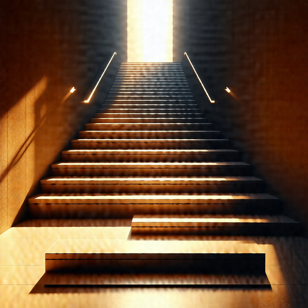 Staircase with a bright light shining on it, creating a w...