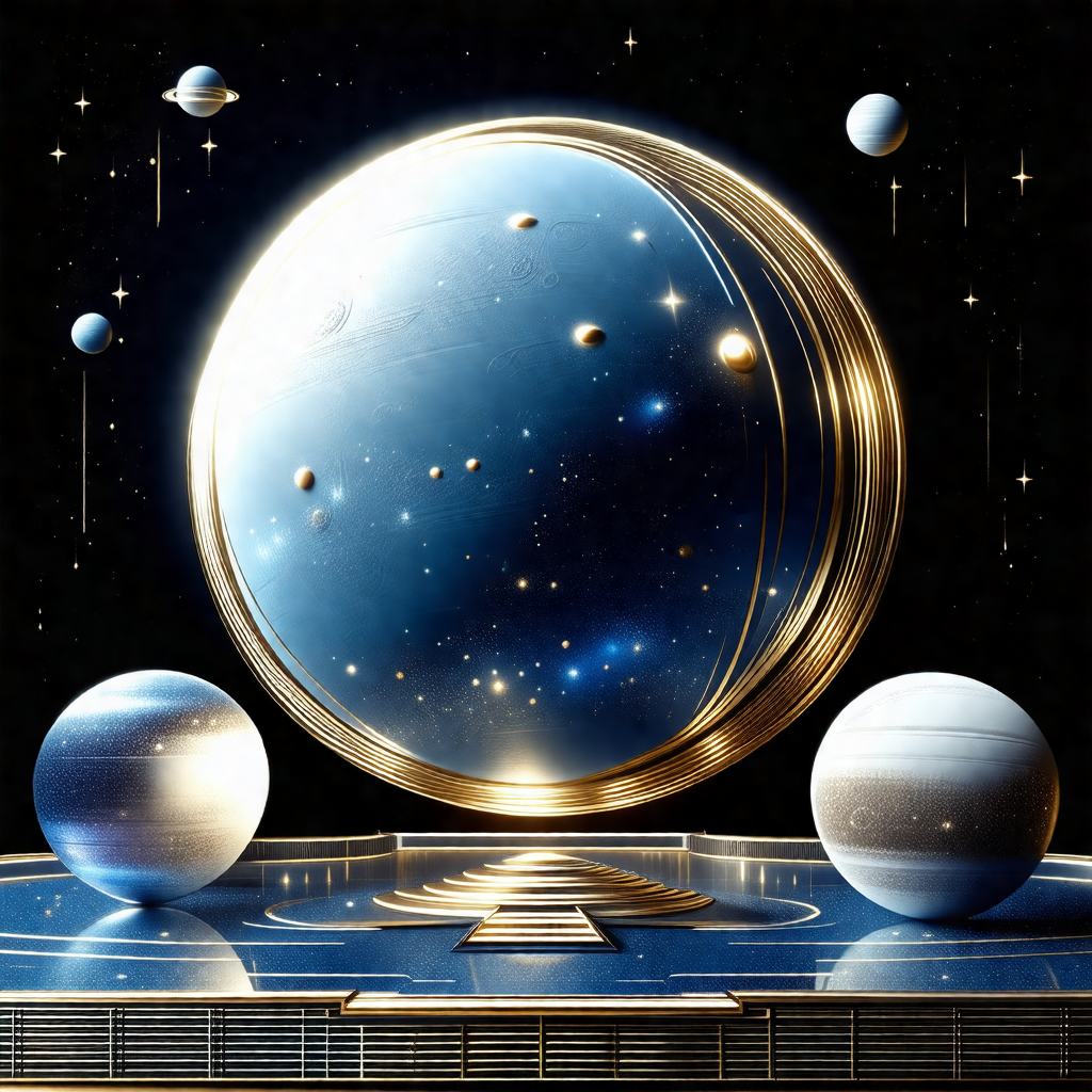 Large, blue, gold, and white sphere, which appears to be ...