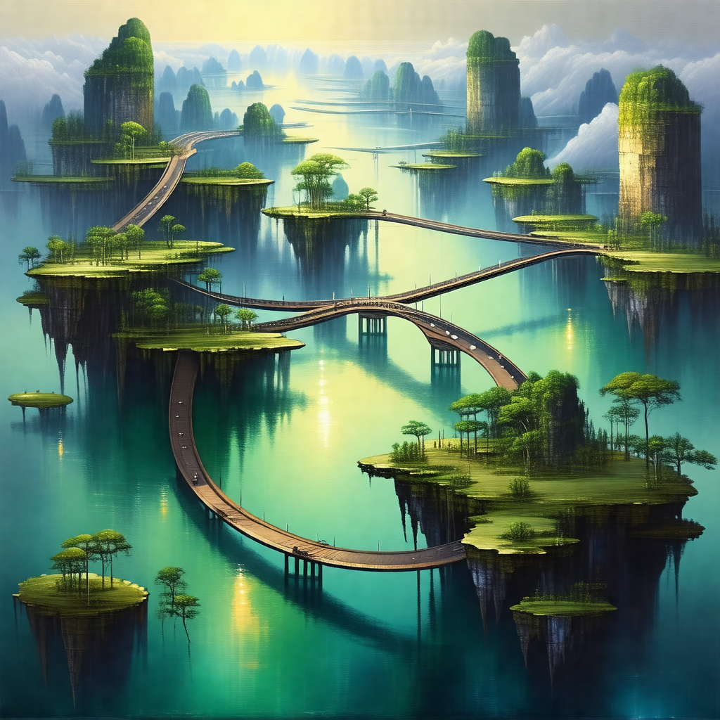 Painting of a bridge that is suspended over a body of water