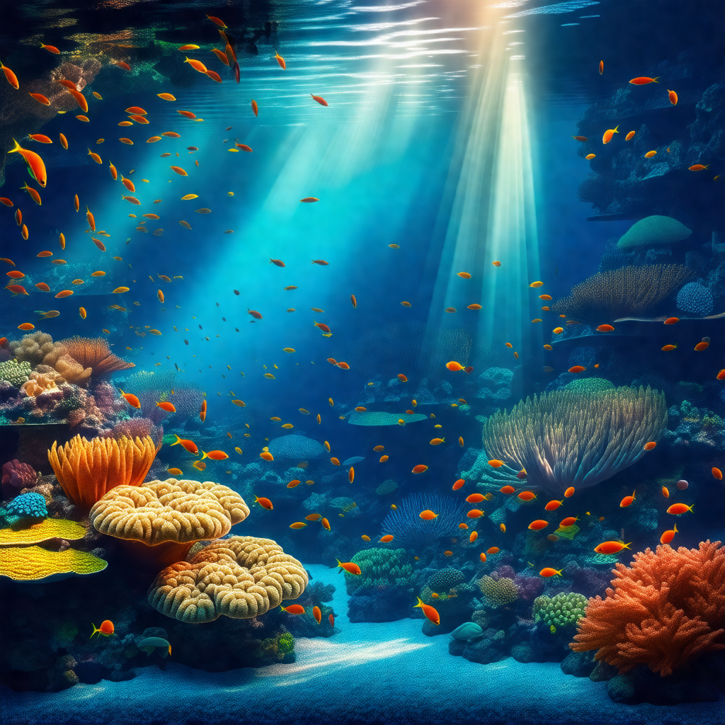 Showcases a vibrant underwater scene with a variety of co...