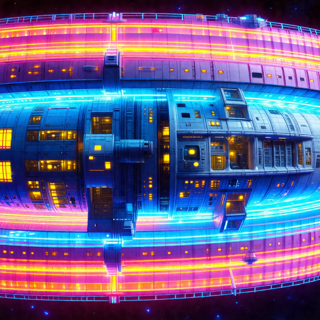 Futuristic space station with a large, curved structure t...