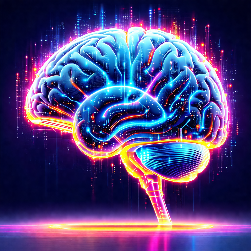 Close-up of a human brain, with a bright blue and orange ...