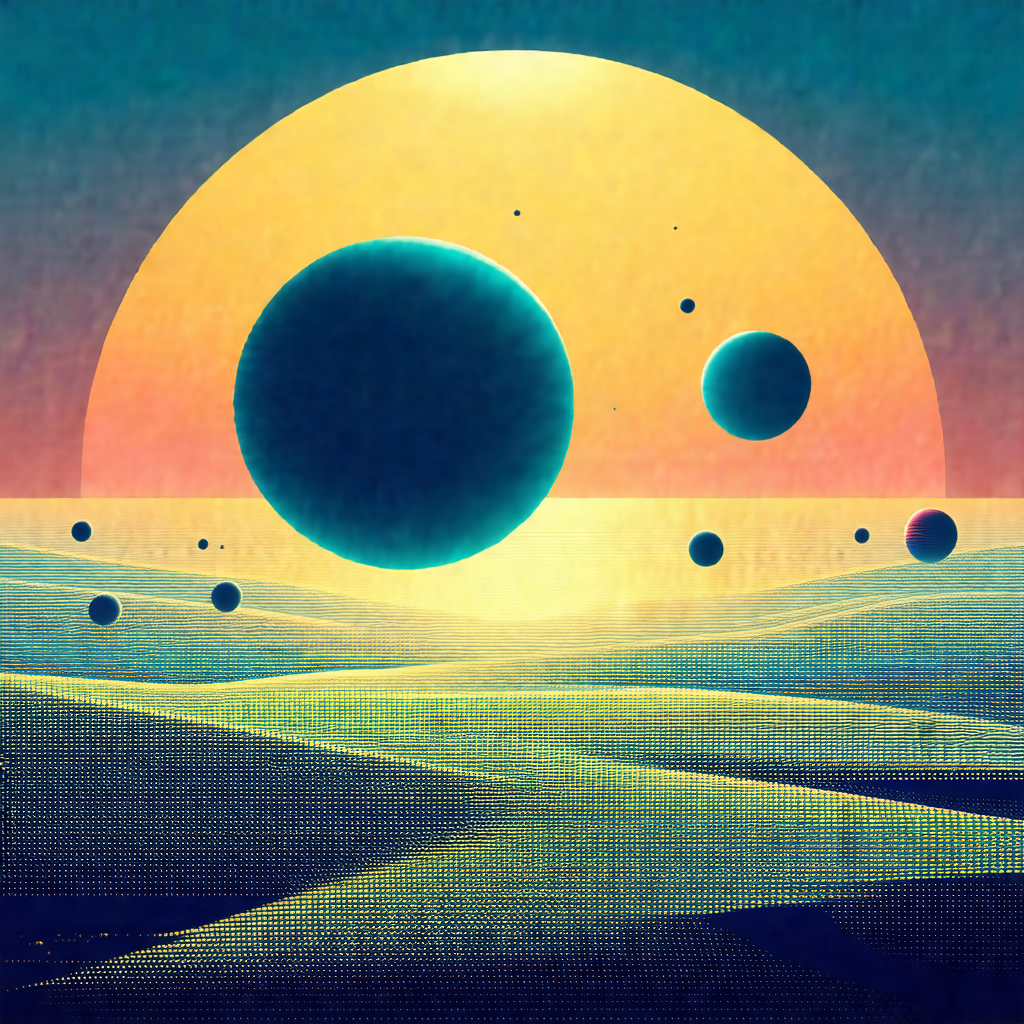 Beautifully drawn scene of a sunset with a blue planet in...