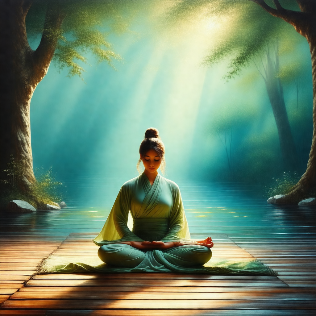 Woman sitting on a wooden platform in a serene environment