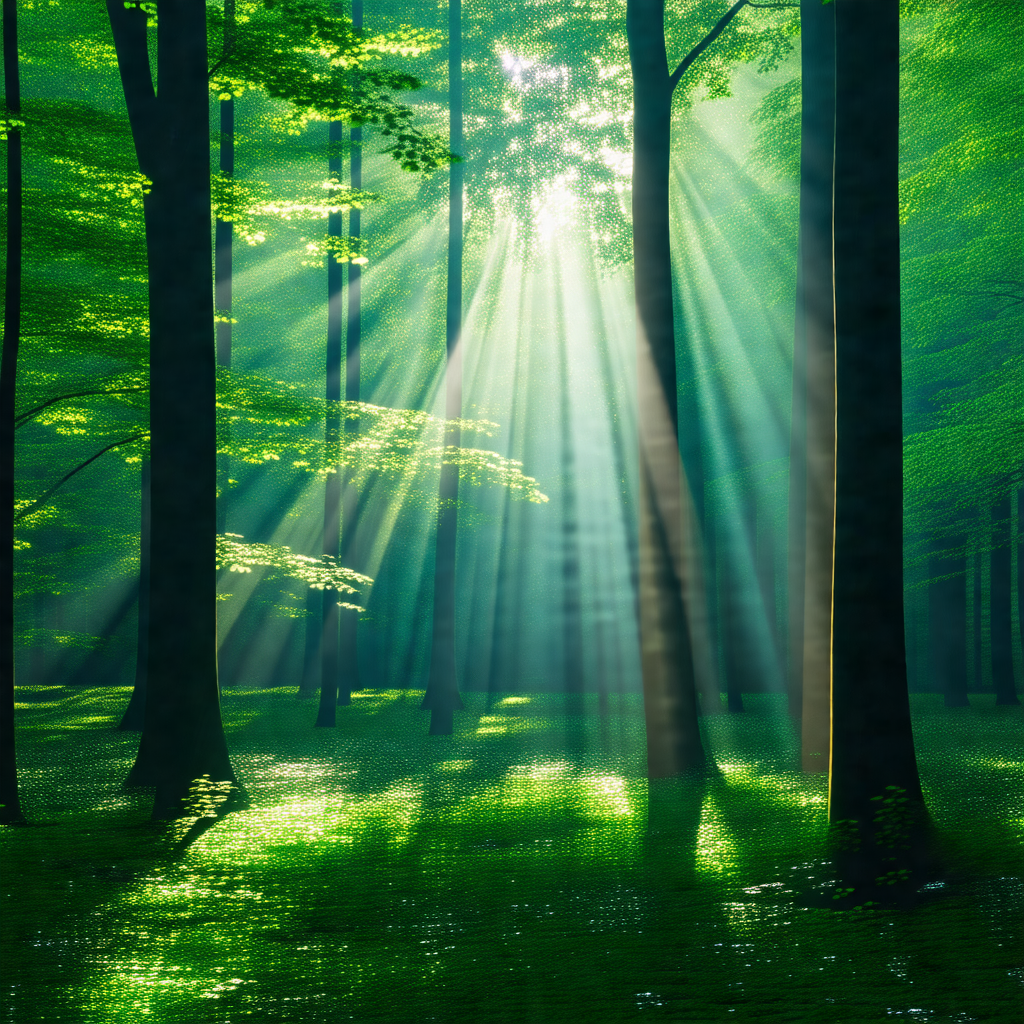 Lush green forest filled with trees and sunlight