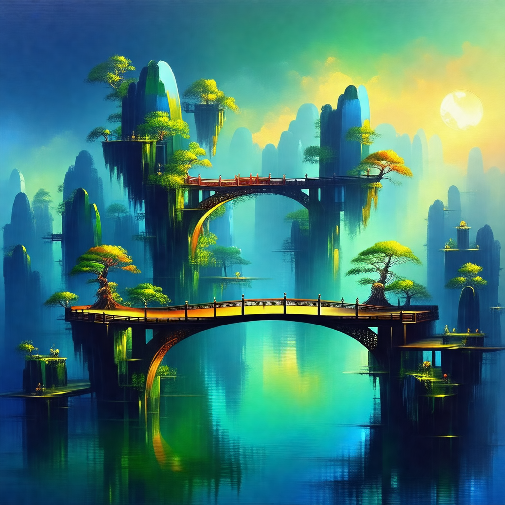 Painting of a beautiful island with a bridge connecting i...