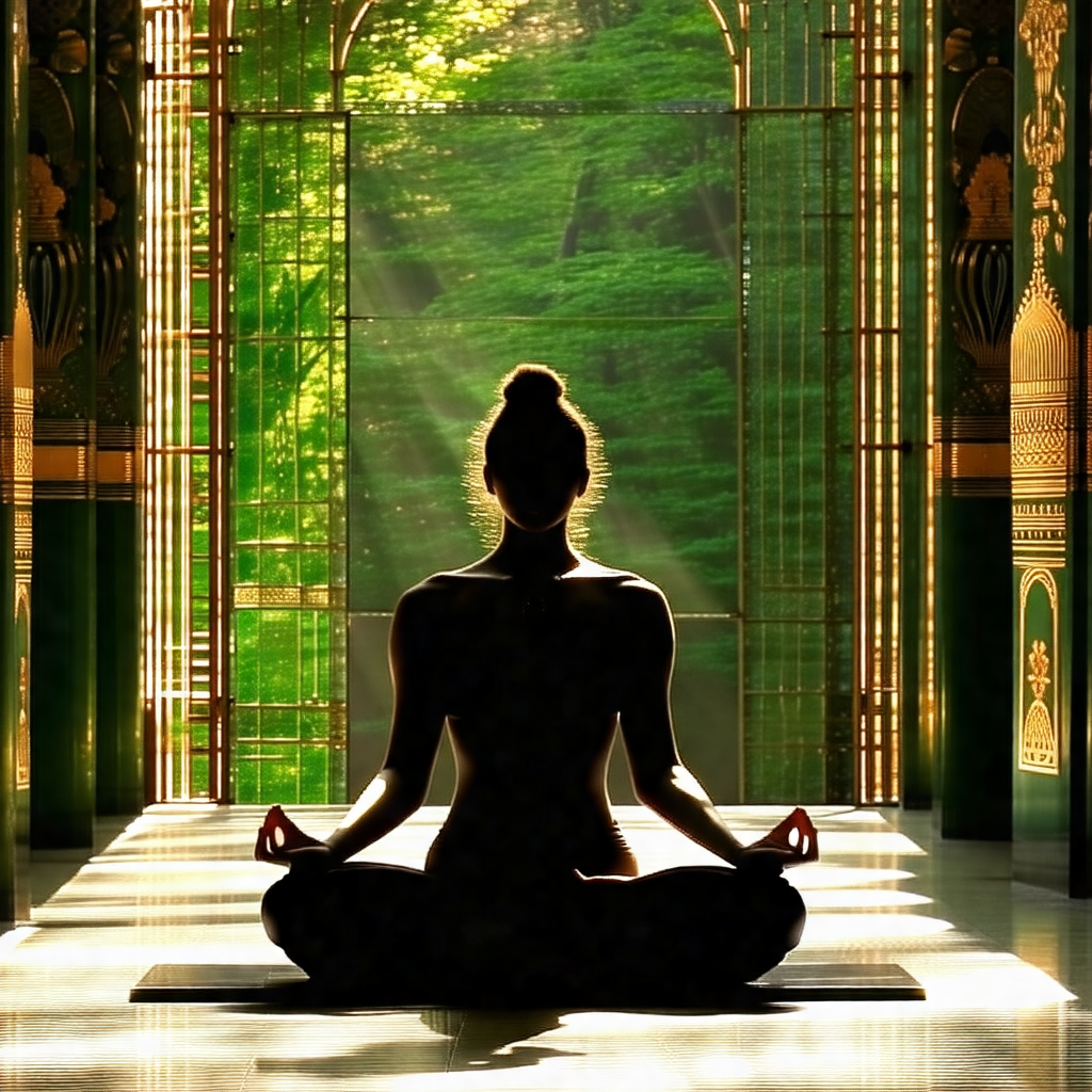 Woman sitting in a lotus position on a mat, with her legs...