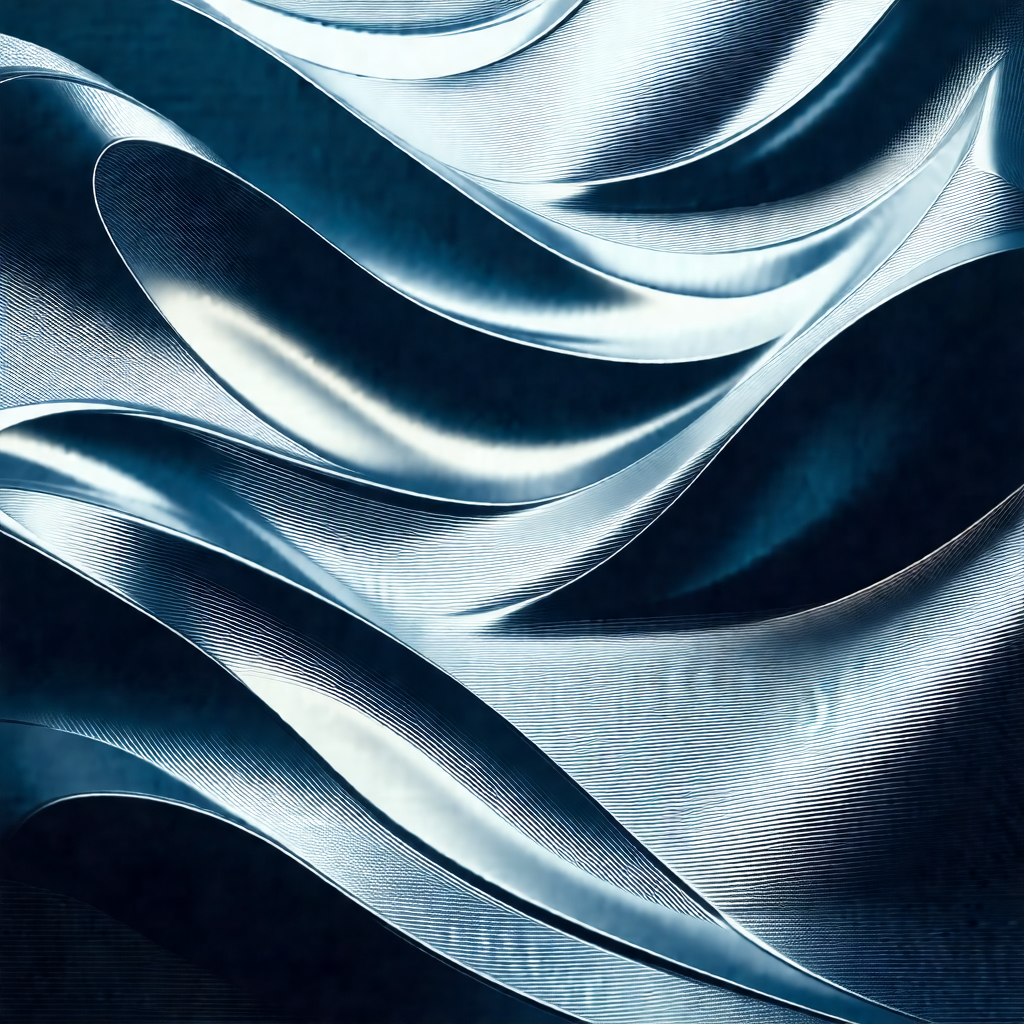 Large, shiny, blue metal sculpture that resembles a wave