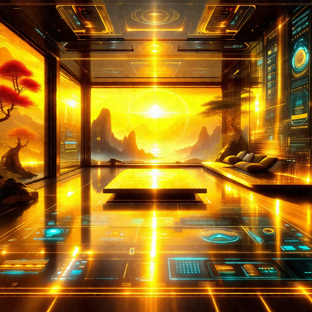 Futuristic scene with a large, open room featuring a sunset