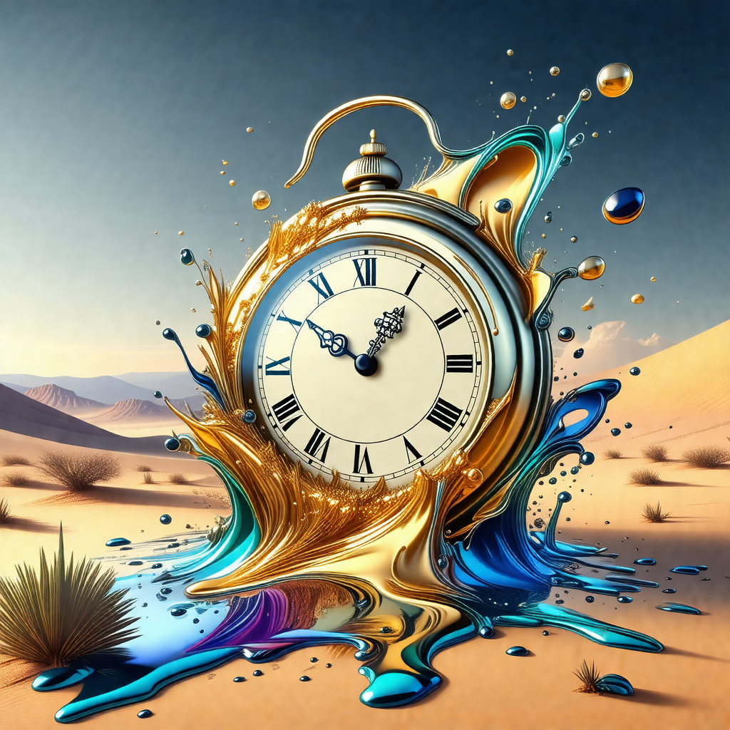 Large, golden clock with a blue face, sitting in a pool o...
