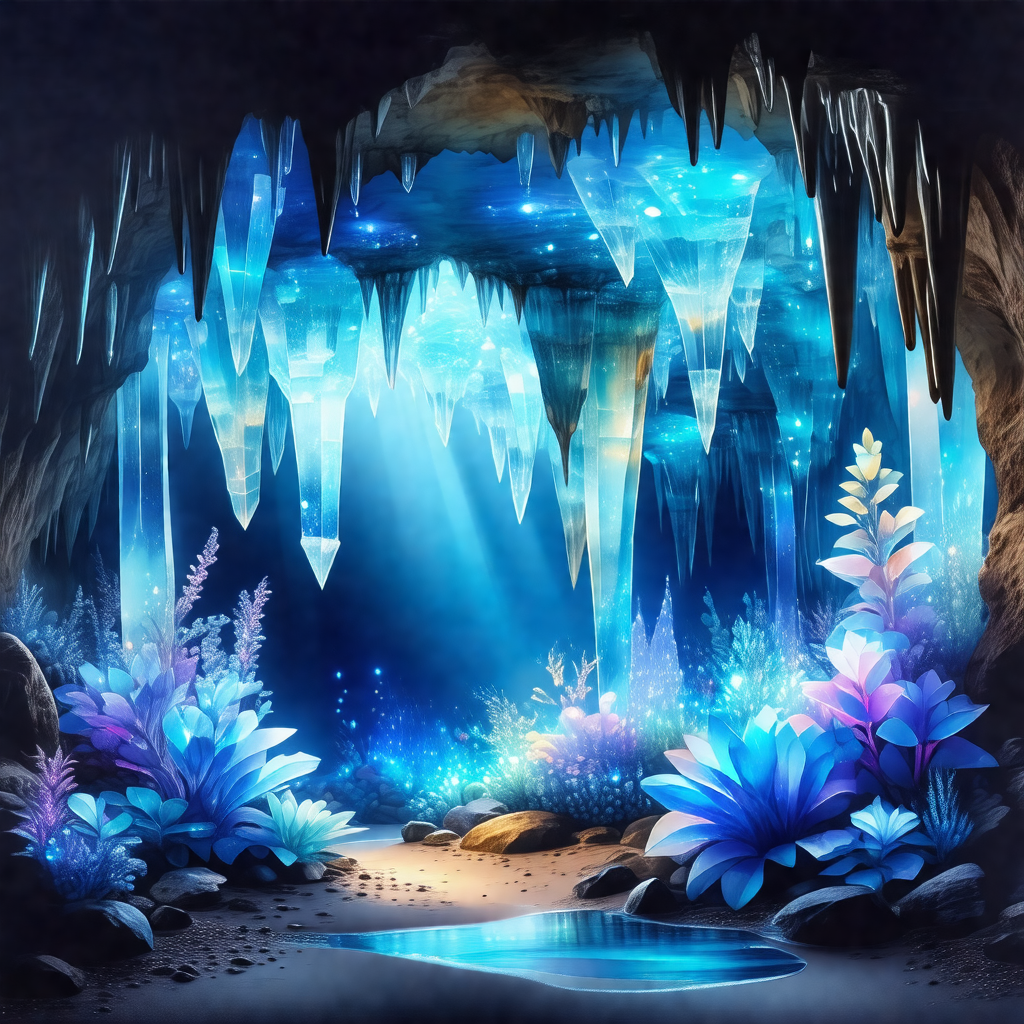 Beautiful underwater cave with a blue light illuminating ...
